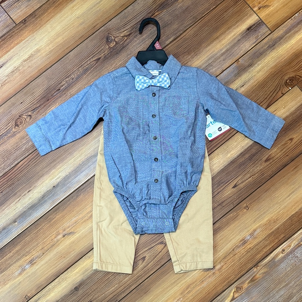 Carter's Gray Bodysuit with Blue Checkered Bow Tie